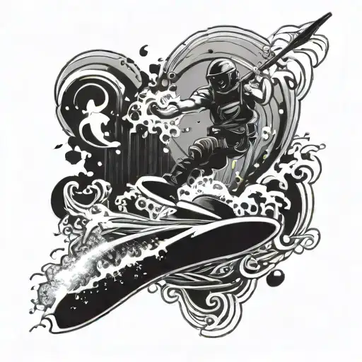 Incorporate elements of water sports gear like a wakeboard or jet ski into a dynamic blackwork design tattoo design idea