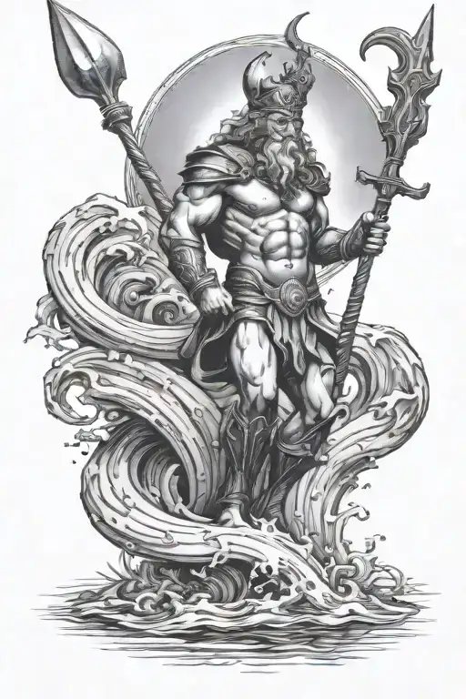 Neptune stands in the water with a trident tattoo design idea