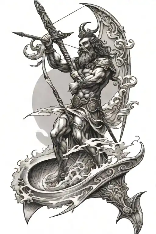 tattoo of Poseidon with a windsurf sail, blending the client's love for windsurfing and the sea god tattoo design idea