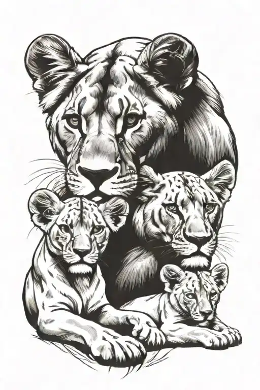 A lioness with two lion cubs tattoo design idea