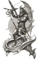 tattoo of Poseidon with a windsurf sail, blending the client's love for windsurfing and the sea god tattoo design idea