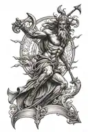 tattoo of Poseidon with a windsurf sail, blending the client's love for windsurfing and the sea god tattoo design idea