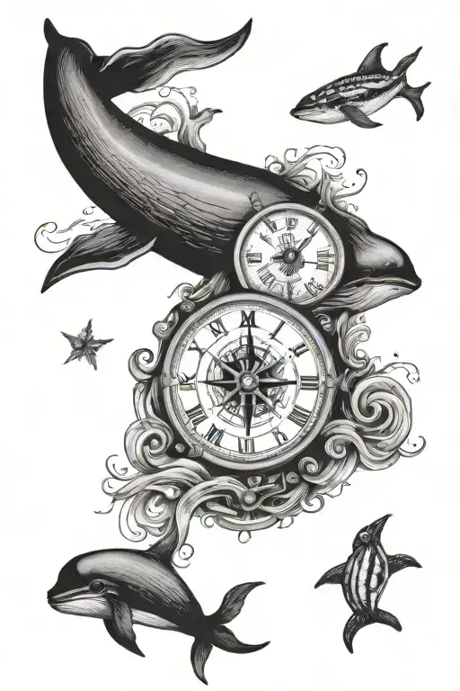 whale,wave,compass,clock,boat,anchor,butterfly tattoo design idea