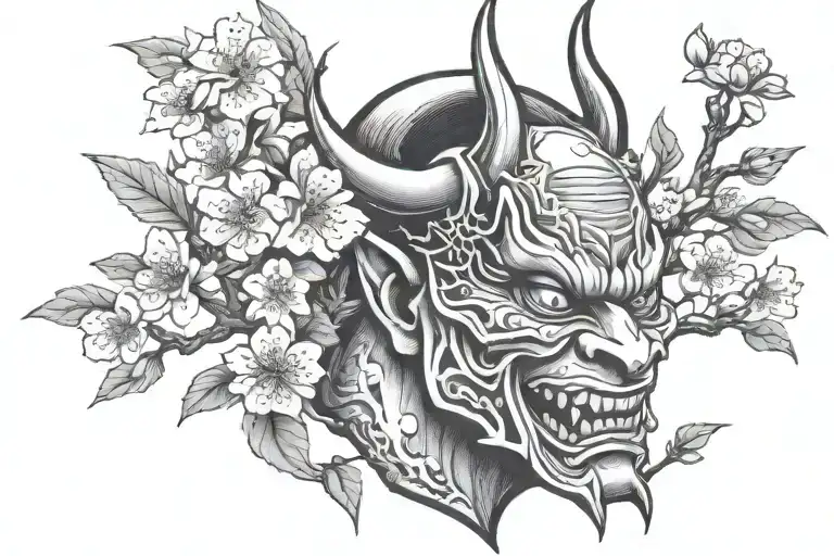 hannya and cherry blossoms tree growing tattoo design idea