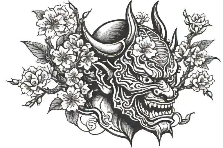 hannya and cherry blossoms tree growing tattoo design idea