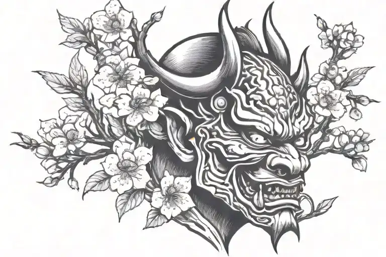 hannya and cherry blossoms tree growing tattoo design idea