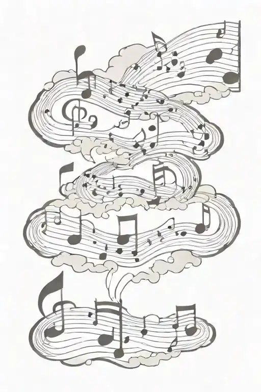 sheet music intertwined in clouds surrounding tattoo design idea