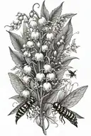 lily of the valley and hawthorns with wasps flying tattoo design idea
