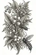 lily of the valley and hawthorns with wasps flying tattoo design idea