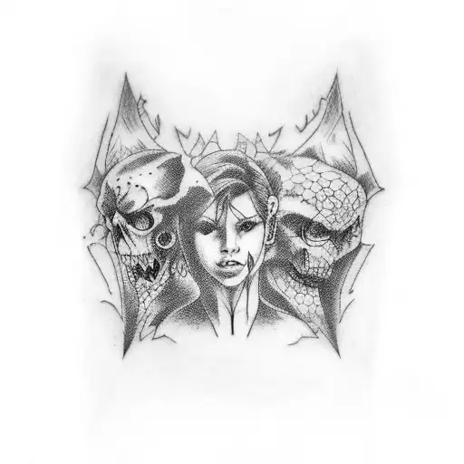 Create a tattoo featuring iconic characters from Resident Evil in a dark and mysterious setting tattoo design idea