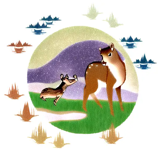 Forest, universe, river, deer, squirrel, owl tattoo design idea