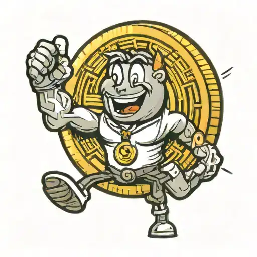 A happy coin cartoon character holding a giant crypto coin tattoo design idea