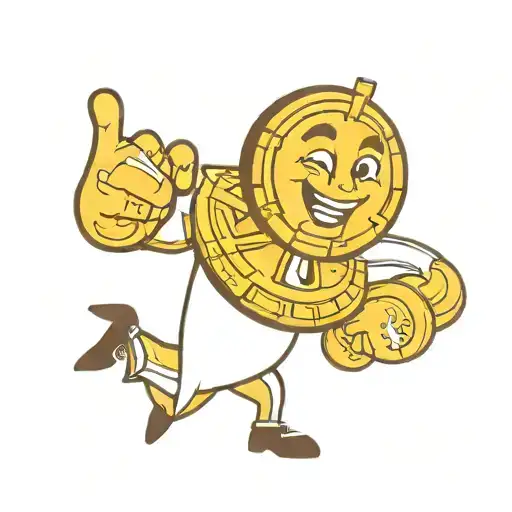 A happycoin character holding a giant crypto coin tattoo design idea