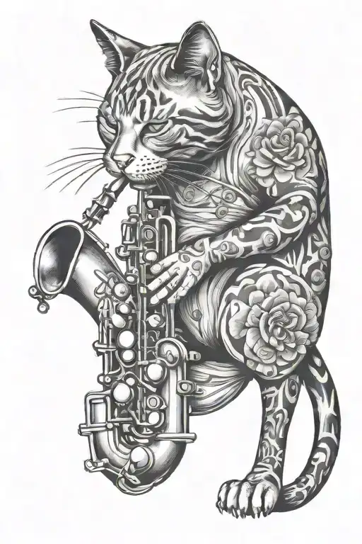 cat playing saxophone tattoo design idea