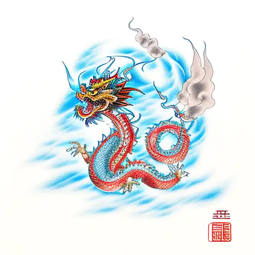 Chinese dragon with wave and fire tattoo design idea