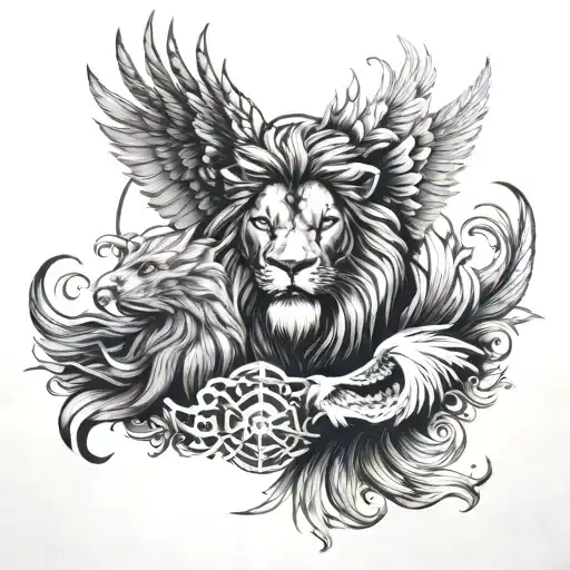 symmetrical lion and phoenix tattoo design idea