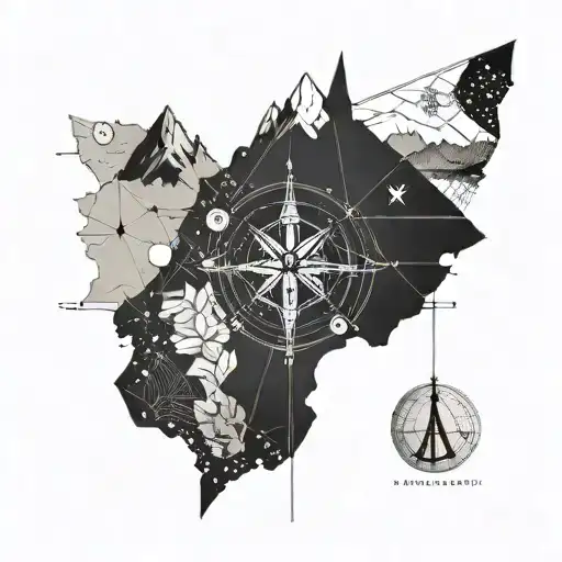 shoulder tattoo with a compass, map, mountains, planes, my cat who passed  tattoo design idea