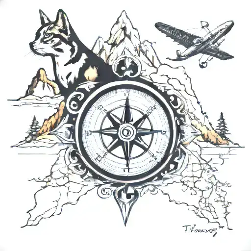 shoulder tattoo with a compass, map, mountains, planes, my cat who passed  tattoo design idea