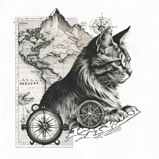 shoulder tattoo with a compass, map, mountains, planes, my cat who passed  tattoo design idea