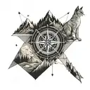 shoulder tattoo with a compass, map, mountains, planes, my cat who passed  tattoo design idea