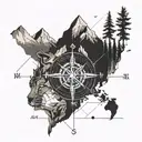 shoulder tattoo with a compass, map, mountains, planes, my cat who passed  tattoo design idea