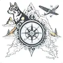 shoulder tattoo with a compass, map, mountains, planes, my cat who passed  tattoo design idea