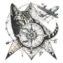 shoulder tattoo with a compass, map, mountains, planes, my cat who passed  tattoo design idea
