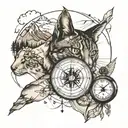 shoulder tattoo with a compass, map, mountains, planes, my cat who passed  tattoo design idea