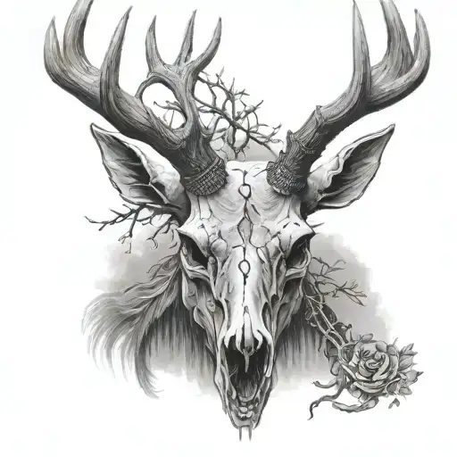elk skull realistic black and grey tattoo design idea