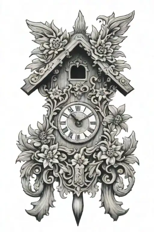 German cuckoo clock with edelweiss surrounding delicate  tattoo design idea