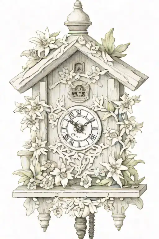 German cuckoo clock with edelweiss flowers surrounding delicate  tattoo design idea