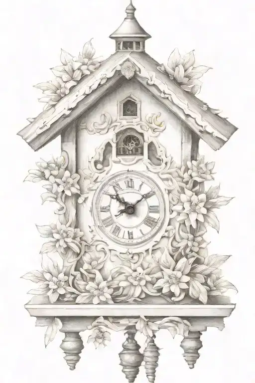 German cuckoo clock with edelweiss flowers surrounding delicate  tattoo design idea
