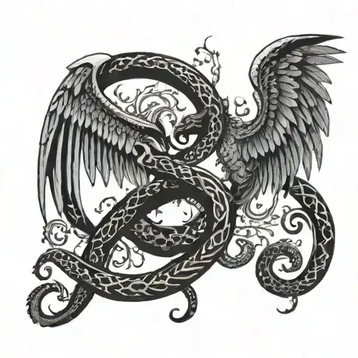 A fusion of angelic and demonic imagery, with wings morphing into serpents to represent the complexities of good and evil tattoo design idea