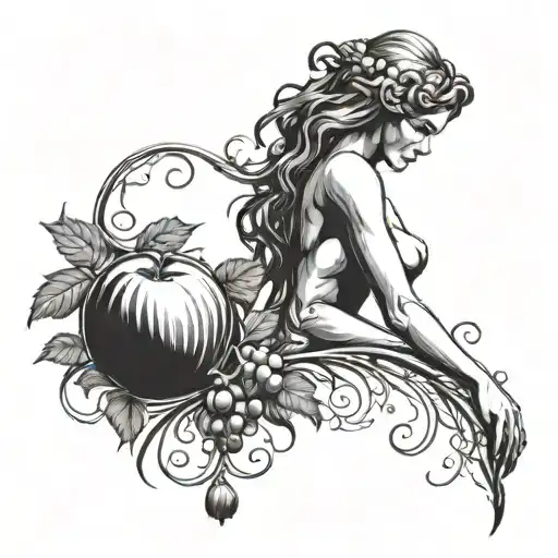 A symbolic tattoo of Eve reaching for the forbidden fruit, with a subtle silhouette of Lilith watching from the shadows tattoo design idea