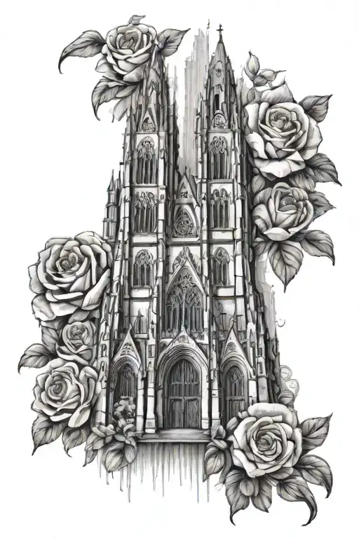 cathedral architecture building with flowers wrapped tattoo design idea