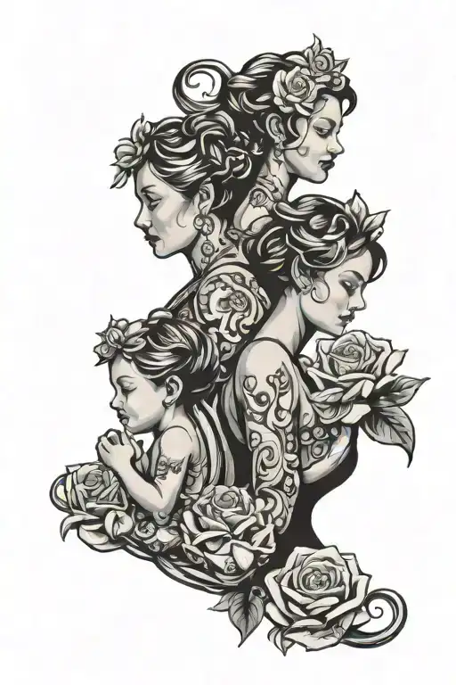 mom with 2 daughters and 1 son symbolizing a rebirth to motherhood  tattoo design idea