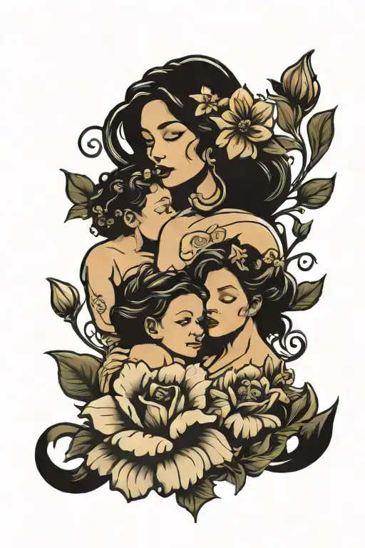 mom with 2 daughters and son with March and September birth month flowers symbolizing a rebirth to motherhood tattoo design idea