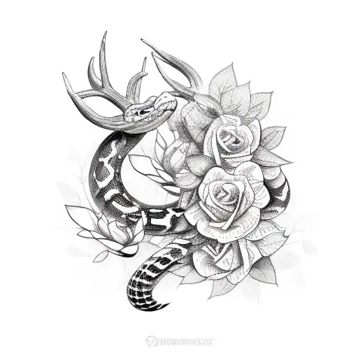 A tattoo-style sketch of a snake holding a bundle of flowers with deer antlers integrated into the design tattoo design idea