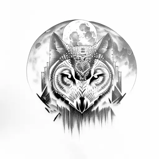 black wolves, forest, walkway,full moon, owl, birds, mountains  tattoo design idea