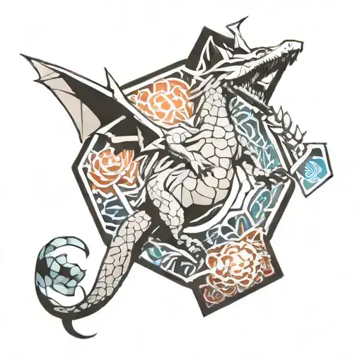 hexagon inside of it charizard with background off japan theme  tattoo design idea