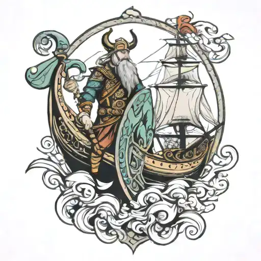 viking and ship navigating tattoo design idea