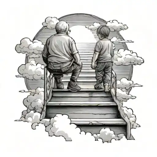 grandpa and nephew from behind on a stair to the heaven surrounded by clouds tattoo design idea