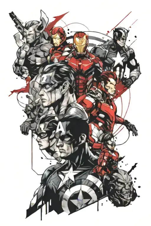 Design a tattoo featuring a collage of different Avengers characters in a blackwork style tattoo design idea