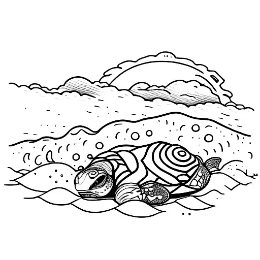 Dessin en noir et blanc Une tortue dans des vagues avec un coucher de soleil en arrière plan Style minimaliste  tattoo design idea