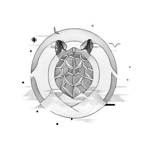Dessin en noir et blanc Une tortue dans des vagues avec un coucher de soleil en arrière plan Style minimaliste  tattoo design idea