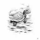 Dessin en noir et blanc Une tortue dans des vagues avec un coucher de soleil en arrière plan Style minimaliste  tattoo design idea