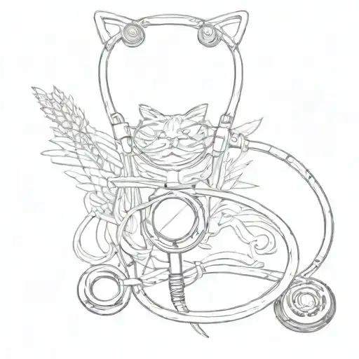 Sketch style stethoscope with cat tails forming the tubing tattoo design idea