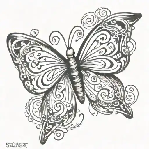 swirly butterfly with sonder written under it tattoo design idea