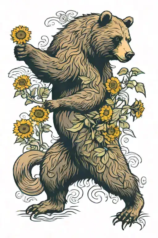 grizzly bear standing on hind legs surrounded by sunflowers  tattoo design idea