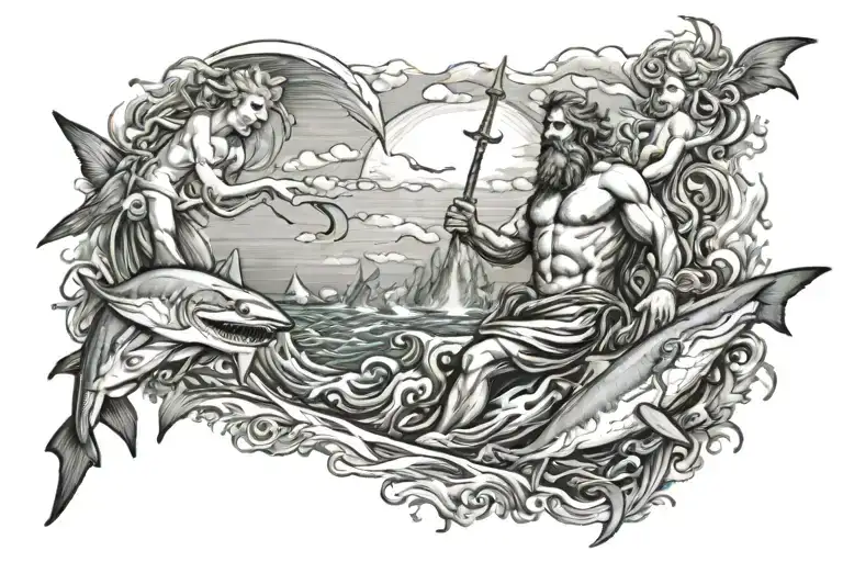 Poseidon in the sea with sharks and two angels in the sky with a background in the sky tattoo design idea
